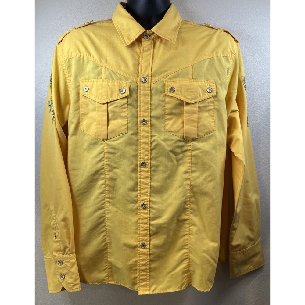 El General Western Shirt Mens XL Yellow Rhinestone Graphic Long Sleeve Button Up